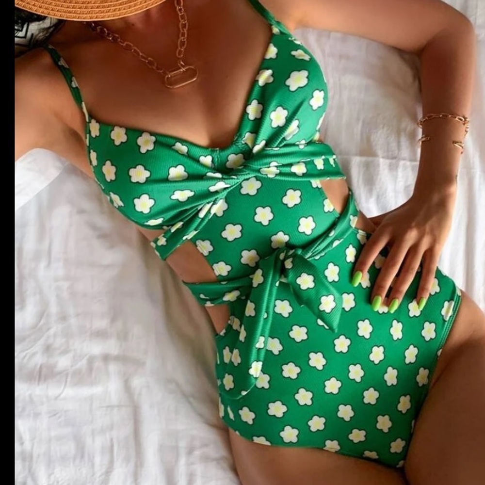 Green Floral Front Tie One Piece Swimsuit